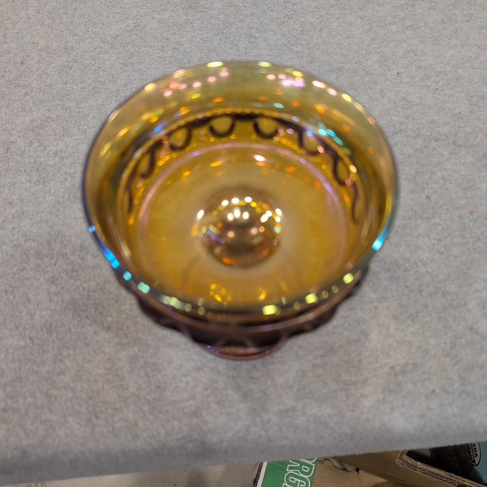 Vintage Indiana Glass Kings Crown Amber Carnival Glass Compote Iridescent Bowl - Picture 2 of 7